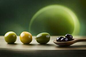 olives on a wooden table with a spoon. AI-Generated photo