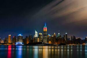 the city skyline at night with a bright moon. AI-Generated photo
