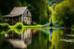 a peacock stands on the edge of a pond with a house in the background. AI-Generated photo