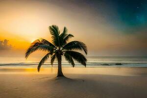 el palma árbol en el playa a puesta de sol. generado por ai foto