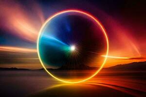 a colorful light in the sky with a circle in the middle. AI-Generated photo