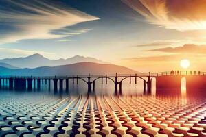 a bridge over water with a sun setting behind it. AI-Generated photo