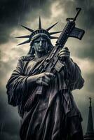 estatua de libertad con metralleta pistola simbolizando de america complejo relación con armas de fuego y libertad. generativo ai. foto