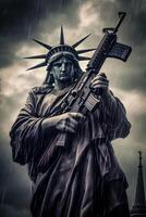 Statue of Liberty with Submachine Gun Symbolizing America's Complex Relationship with Firearms and Freedom. Generative AI. photo