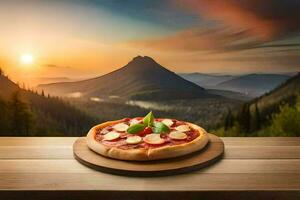 Pizza en un de madera mesa en frente de un montaña. generado por ai foto