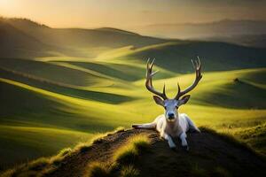 a white deer is sitting on a hill with green hills in the background. AI-Generated photo