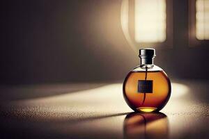 a bottle of perfume sitting on a table. AI-Generated photo