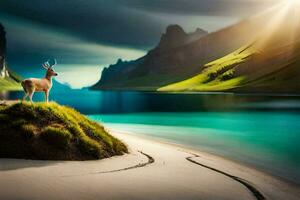 the deer is standing on the edge of the lake. AI-Generated photo