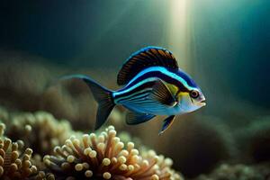 a fish with blue and yellow stripes swimming in the ocean. AI-Generated photo