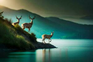 photo wallpaper the sky, mountains, water, deer, the sun, the mountains, the deer. AI-Generated