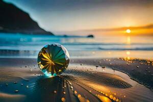 a crystal ball sits on the beach at sunset. AI-Generated photo
