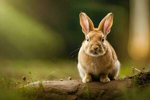 a rabbit is sitting on a log in the grass. AI-Generated photo