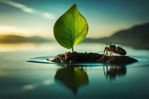 a leaf sits on top of a rock in water. AI-Generated photo