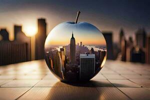 un manzana con un paisaje urbano en él. generado por ai foto