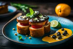 un plato con un postre en él. generado por ai foto