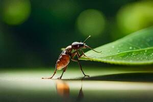 un pequeño insecto es en pie en un hoja. generado por ai foto