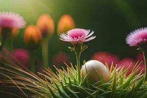 easter egg in thistle flower. AI-Generated photo