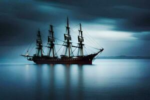 a tall ship sailing in the ocean under a stormy sky. AI-Generated photo