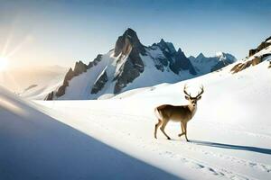 a deer stands in the snow in front of mountains. AI-Generated photo