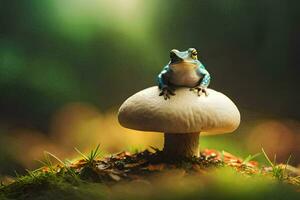 a frog sits on top of a mushroom in the forest. AI-Generated photo