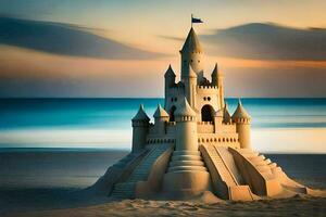 un arena castillo en el playa a puesta de sol. generado por ai foto