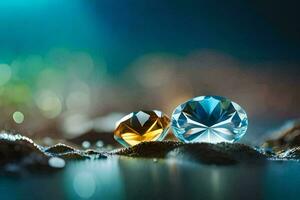 two diamonds sitting on the ground with a blurry background. AI-Generated photo