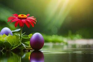 easter eggs in the water with a flower. AI-Generated photo