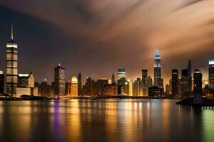 the city skyline at night with clouds and water. AI-Generated photo