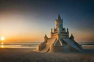 a castle made out of sand on the beach. AI-Generated photo