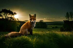 un zorro se sienta en el césped a puesta de sol. generado por ai foto