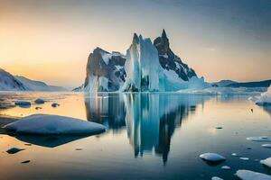 the icebergs are reflecting the sun at sunset. AI-Generated photo