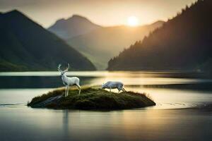 two deer standing on a small island in the middle of a lake. AI-Generated photo