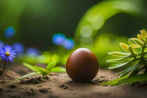 a brown egg in the middle of a field of blue flowers. AI-Generated photo