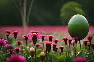a green egg is sitting in a field of pink flowers. AI-Generated photo