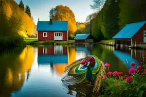 a peacock is standing on the water near a house. AI-Generated photo