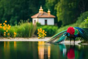 a peacock is standing on the water with its tail out. AI-Generated photo