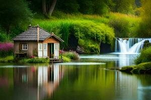 small house by water, waterfall, green, forest, house, house, house, house,. AI-Generated photo