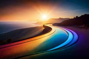 un arco iris ligero sendero en el la carretera a puesta de sol. generado por ai foto