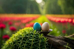 dos huevos son sentado en un de madera rama en un campo. generado por ai foto