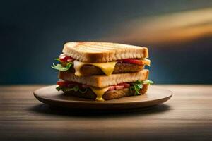 a grilled cheese sandwich on a wooden plate. AI-Generated photo
