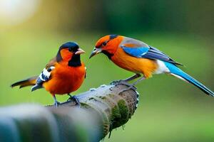 two colorful birds sitting on a branch. AI-Generated photo