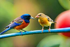 two colorful birds sitting on a wire. AI-Generated photo