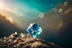 a diamond sitting on top of a rock. AI-Generated photo