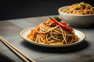 chopsticks on a table next to a bowl of noodles. AI-Generated photo