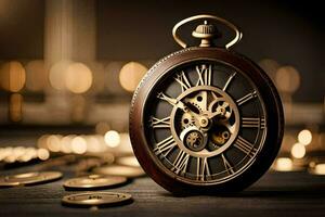 a close up of a pocket watch on a table. AI-Generated photo