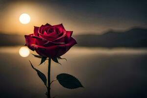 a single red rose is in front of a lake at sunset. AI-Generated photo