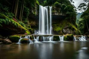 a waterfall in the middle of a forest. AI-Generated photo