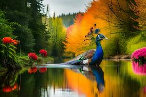 un pavo real es en pie en el agua con vistoso flores generado por ai foto