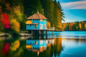 a blue house sits on stilts over a lake. AI-Generated photo