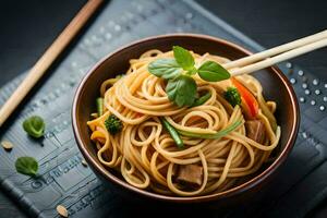 chinese noodles in a bowl with chopsticks on a black background. AI-Generated photo